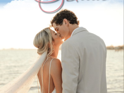 A magazine cover saying Southern Bride 2024, with a photo of a young couple in a tan suit and white bridal gown, kissing